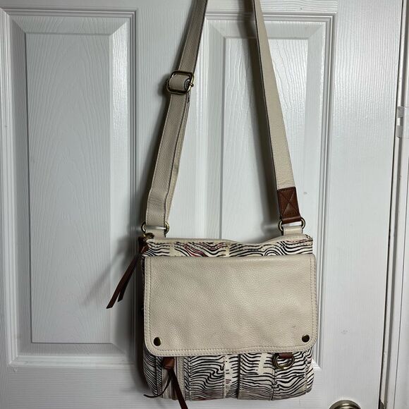 Fossil Morgan Messenger bag canvas beige,red &black stripes beige leather trims - Picture 3 of 15